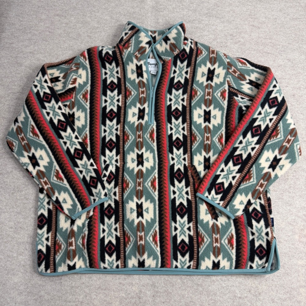 Wrangler Mens XXL Southwestern Geometric Quarter Zip Fleece Pullover Teal Red